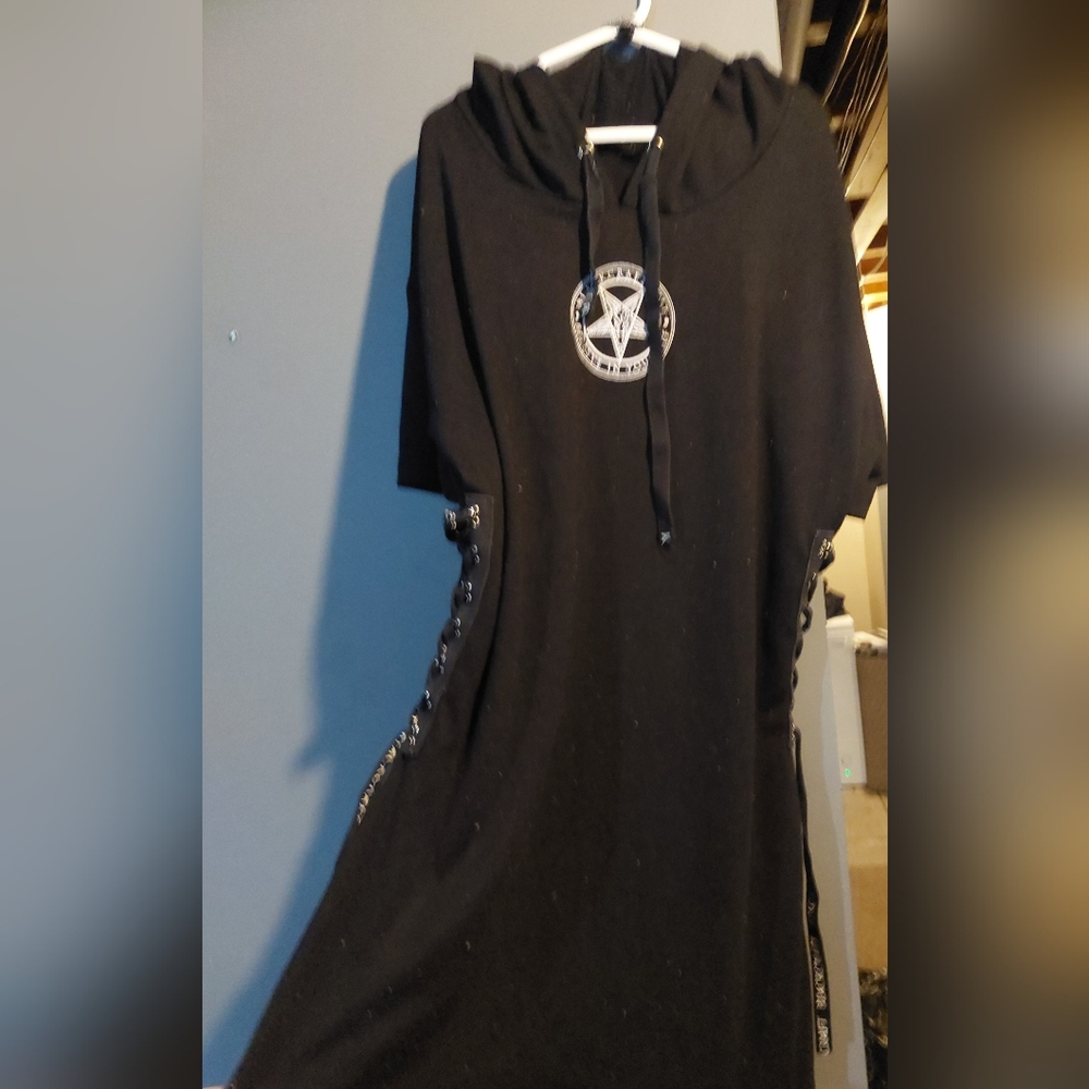 Blackcraft Cult Short Sleeve Black Hooded Dress with Lace-Up Sides